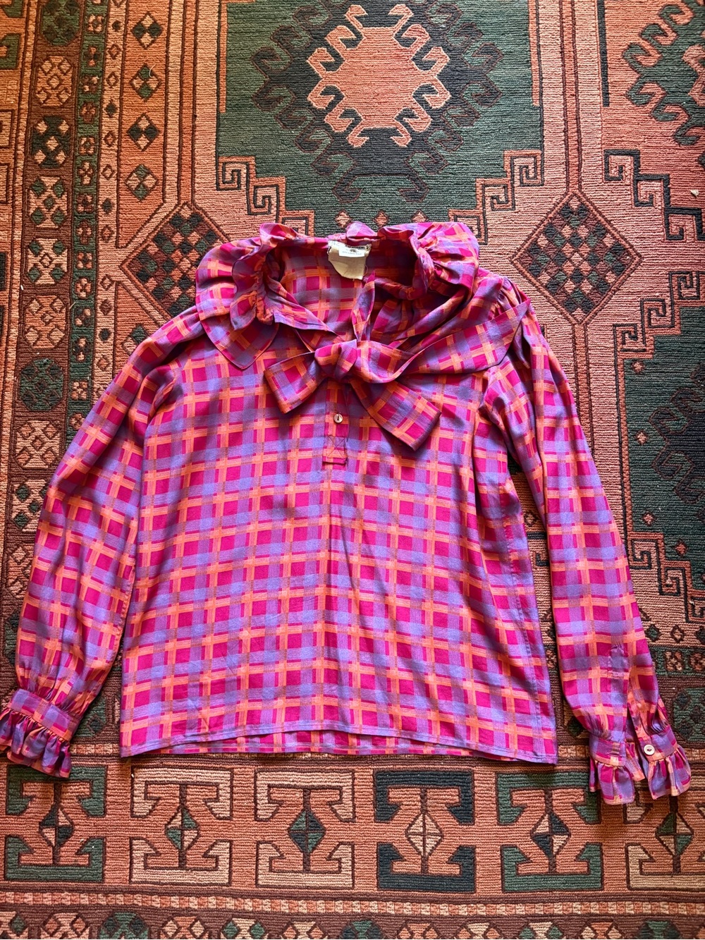 Vintage Saint Laurent Rive Gauche Pink & Purple Plaid Bow-Collar Silk Blouse